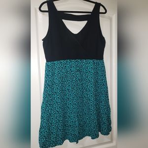 Torrid Black & Teal Deep V Strappy Back Leopard Print Skater Dress Plus Size 2